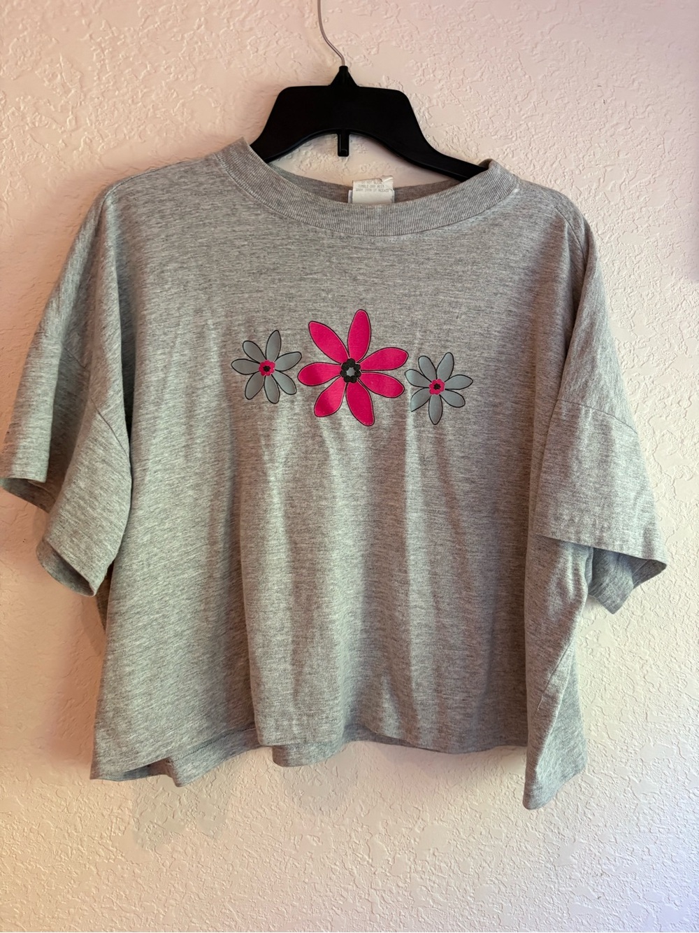 Grey Tee with Pink Floral Graphic - Women's Crop Top